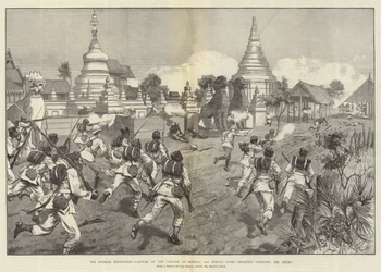 La Spedizione in Birmania, Cattura del Villaggio di Minhla, 2° Fanteria Leggera del Bengala che carica il Nemico